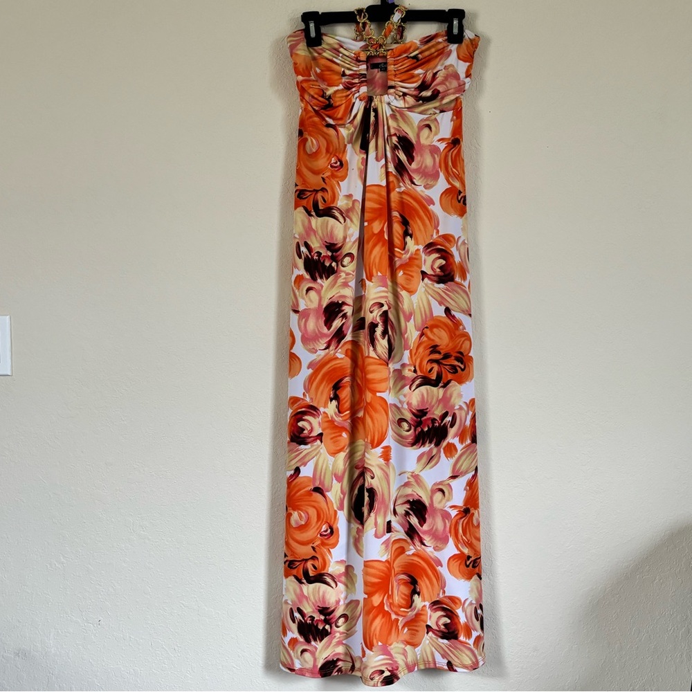 Sele Orange Floral Halter Dress. Size M